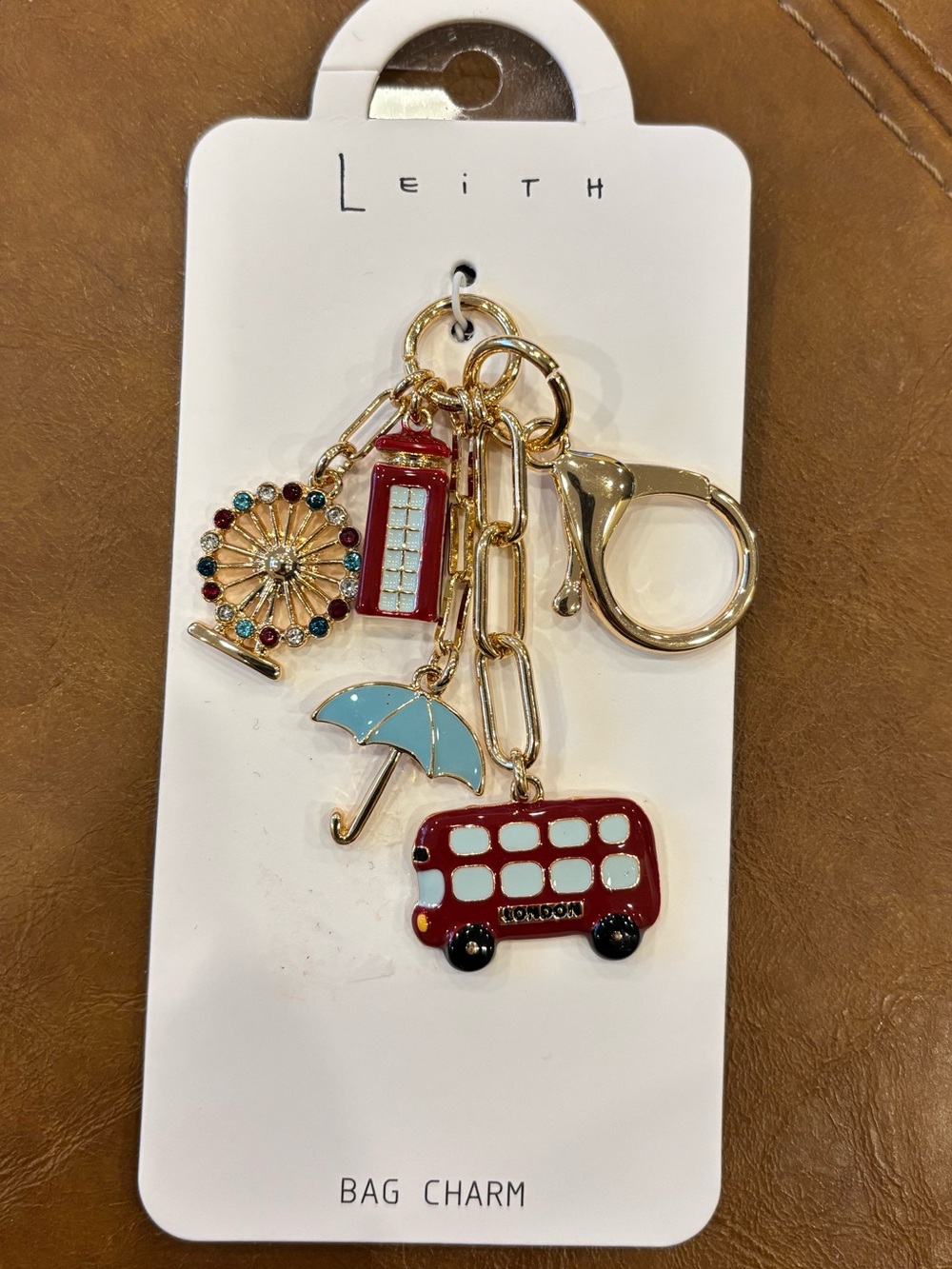 Leith Red London Bus & Phone Booth Enamel Bag Charm with Blue Umbrella